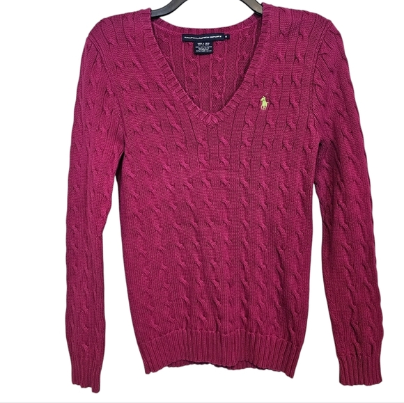 Ralph Lauren Sweaters - Ralph Lauren Sport Cable Knit Magenta Y2K V-Neck Logo Sweater Preppy